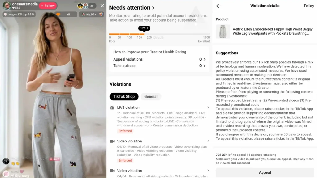 TikTok_Violation TikTok Shop LIVE policy violation notice for reproduced unoriginal content