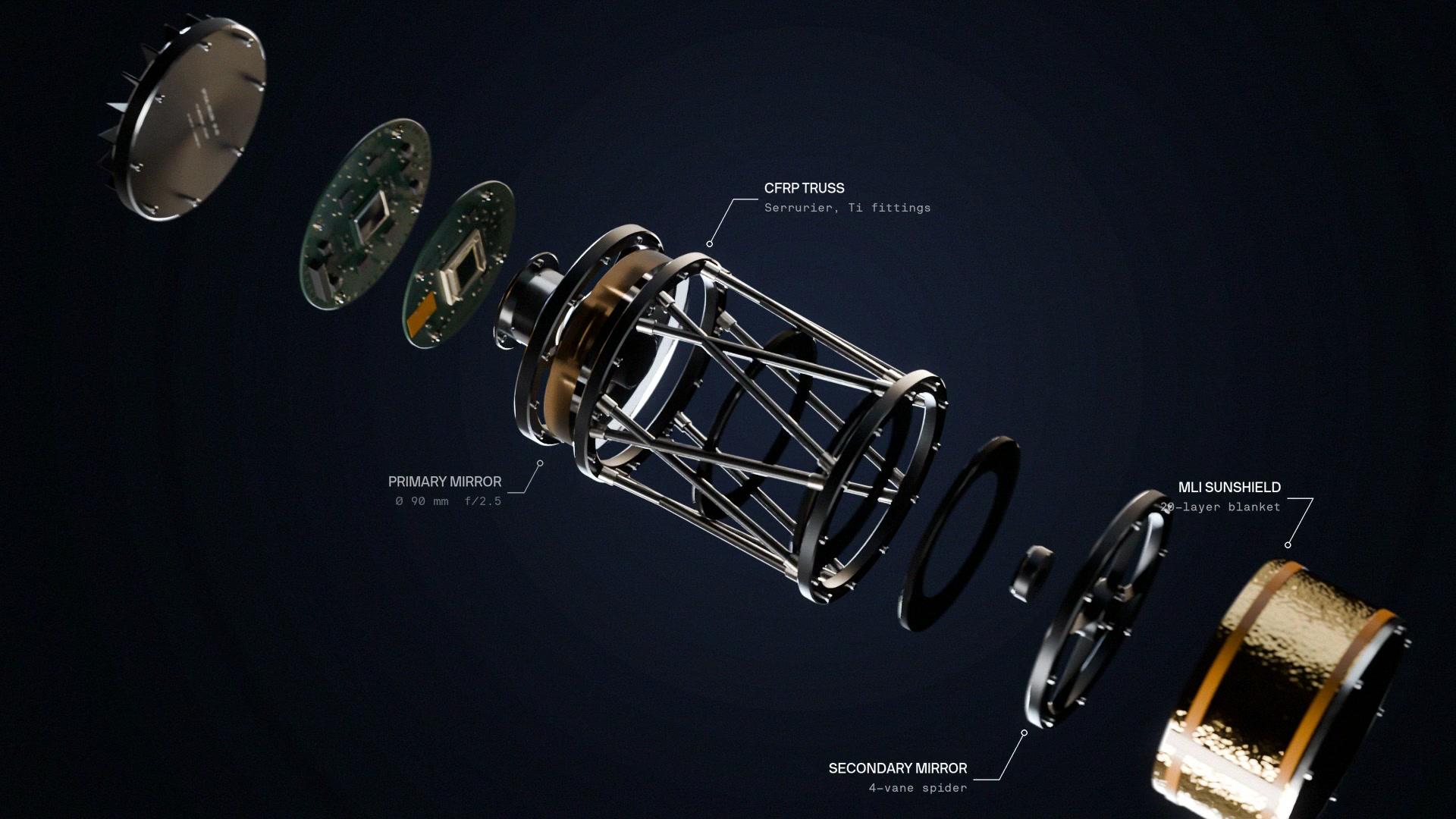 3D exploded view product animation of a space telescope with part callouts, by Onemarsmedia