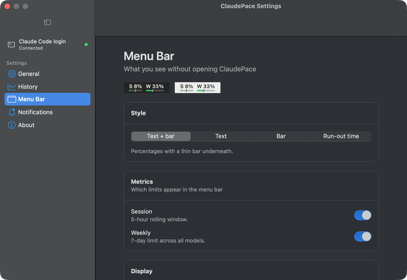ClaudePace Menu Bar settings with text, bar and run-out time styles for Claude usage