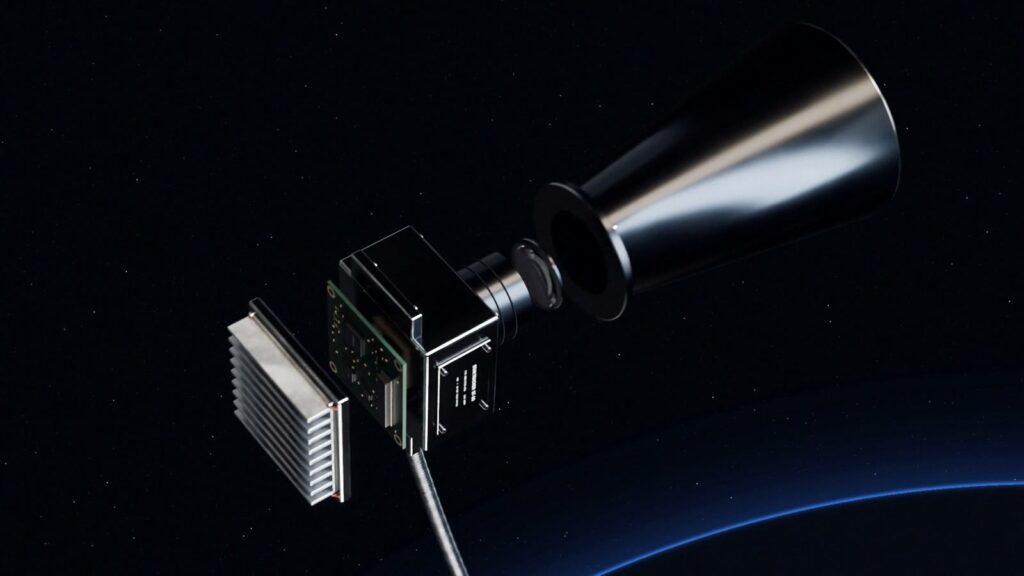 Star tracker 3D exploded view animation with lens assembly, detector and radiator above the Earth’s horizon