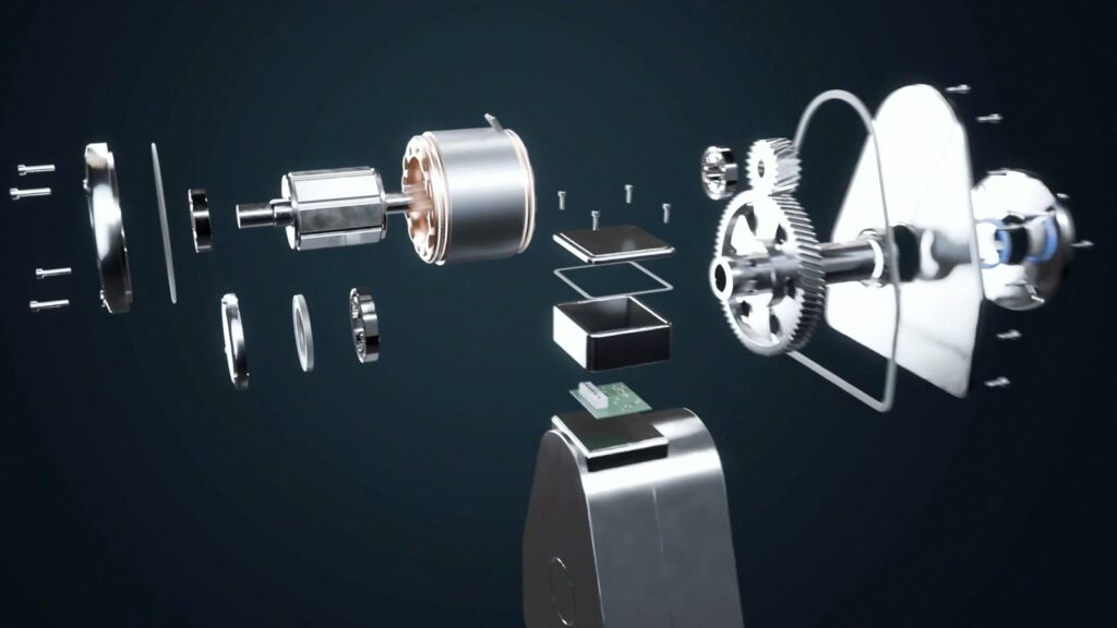 Geared motor exploded view animation showing gears, shaft, rotor and housing