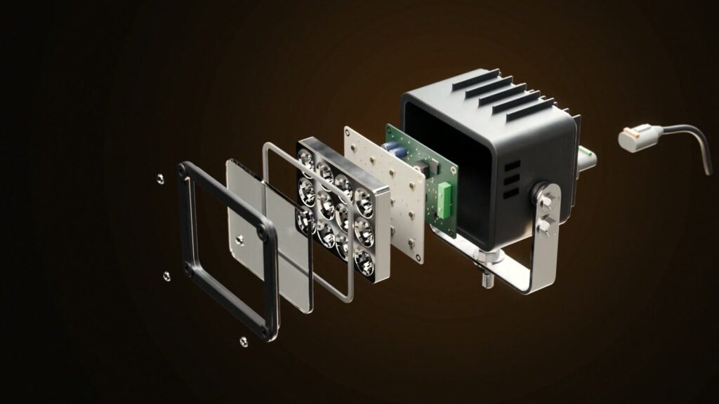 Industrial LED lamp exploded view: lens, LED module, heat sink and aluminium housing
