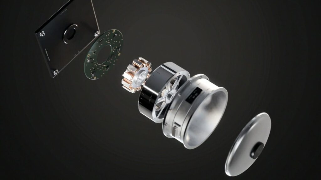 Exploded view animation of a reaction wheel: flywheel, stator, driver board and housing separated